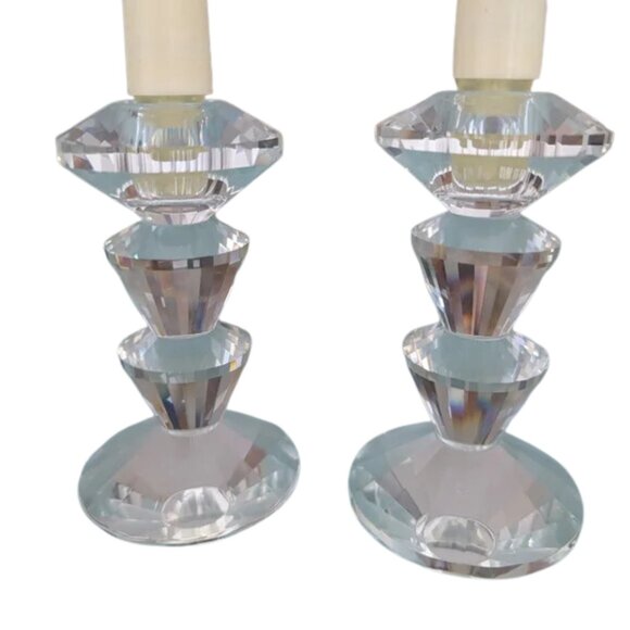 Vintage Simon Designs Lead Crystal Glass Tiered Candlestick Holders - Set of 2 - Picture 1 of 12